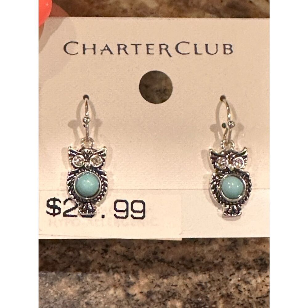 Charter Club Silver and Turquoise Blue Owl Earrings